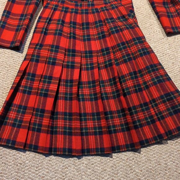 Vintage Pendleton Blazer Wrap Skirt Suit Set Womens 8 Red Tartan Plaid Fringe - Picture 3 of 8